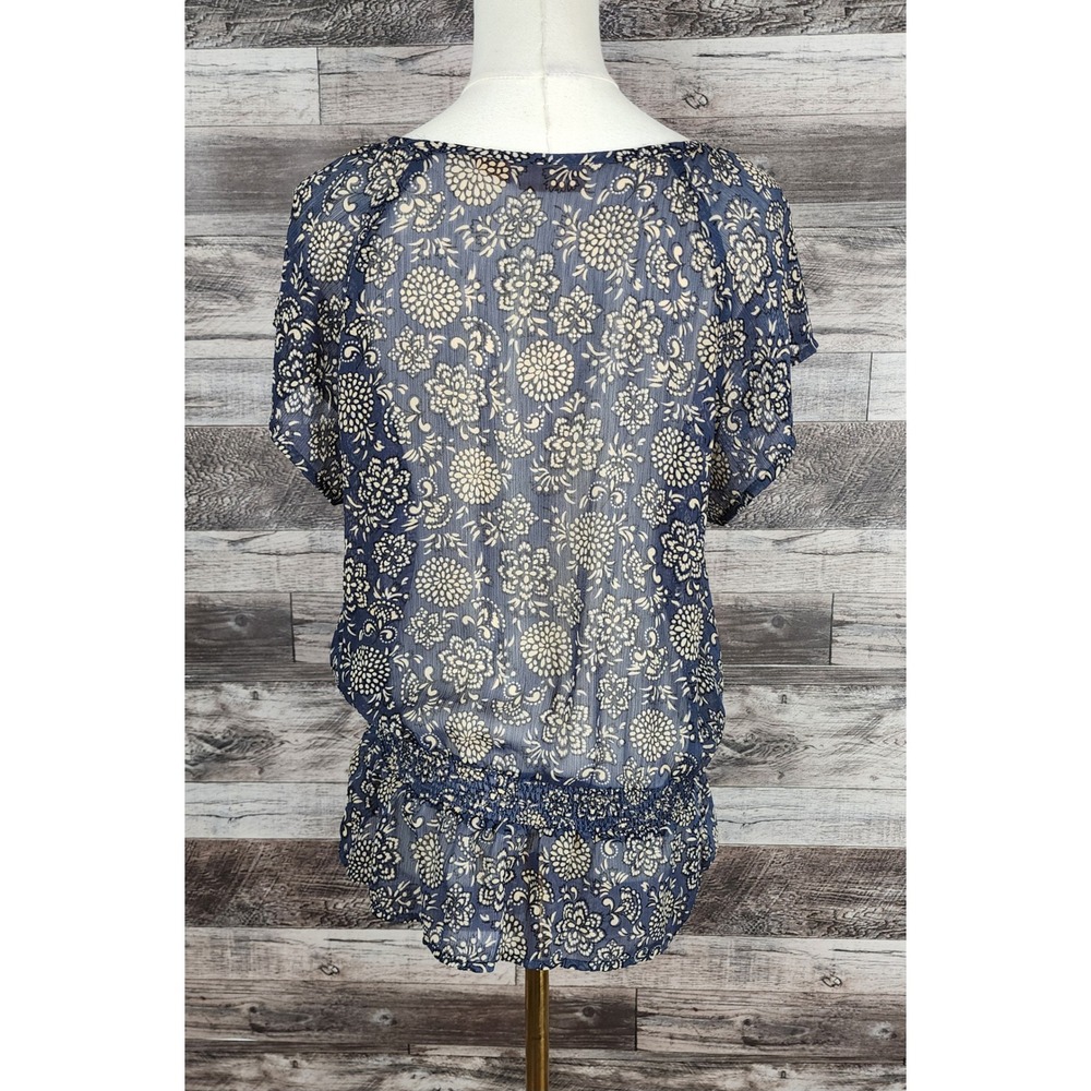 Wrangler Womens Floral Lace Trim Smocked Blouse Navy Blue LW6515M Size Medium - Picture 4 of 5